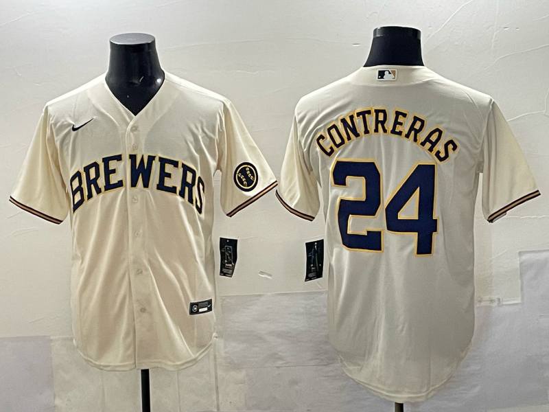 Men's Milwaukee Brewers #24 William Contreras Cream With Patch Stitched Baseball Jersey Men's Milwaukee Brewers #24 William Contreras Cream With Patch Stitched Baseball Jersey